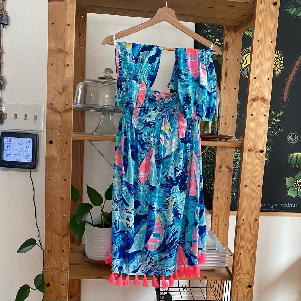 Lilly Pulitzer Sparkling Blue Hey Bay Bay Smocked Tassel Trina Beach Dress Small - Picture 4 of 15